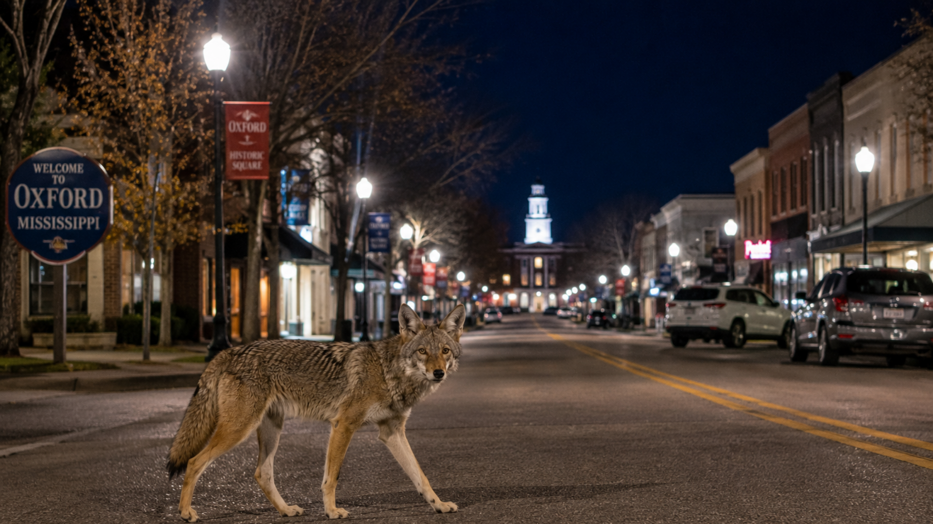 A bobcat crosses a lit downtown street at night with cars parked along the curb.