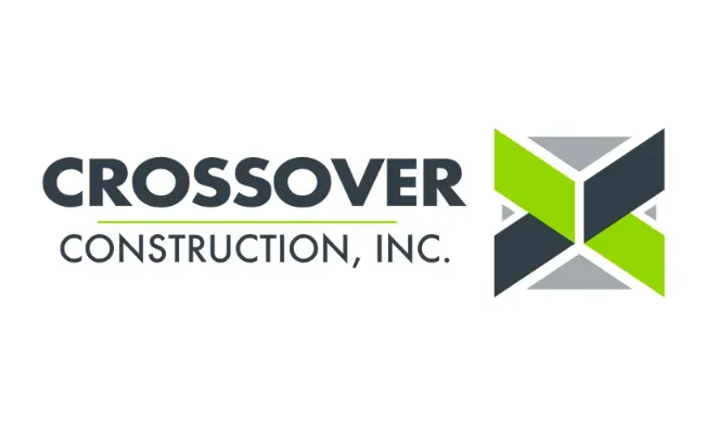 Logo for Crossover Construction, Inc. featuring dark grey text next to a geometric X symbol in lime green, grey, and charcoal.