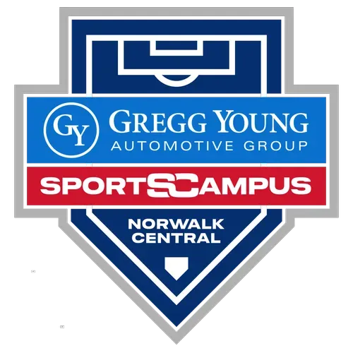 Logo for Gregg Young Automotive Group Sports Campus in Norwalk Central, featuring a blue, red, and white shield design.