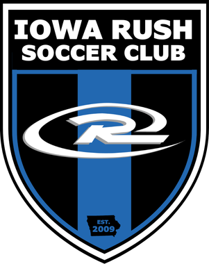 The logo for the iowa rush soccer club is a shield with a r on it.