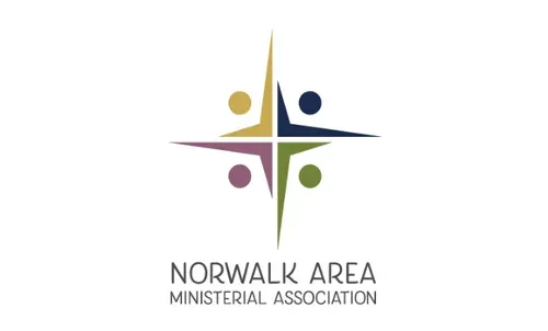 Logo for the Norwalk Area Ministerial Association featuring a multicolored compass-like symbol with abstract figures.