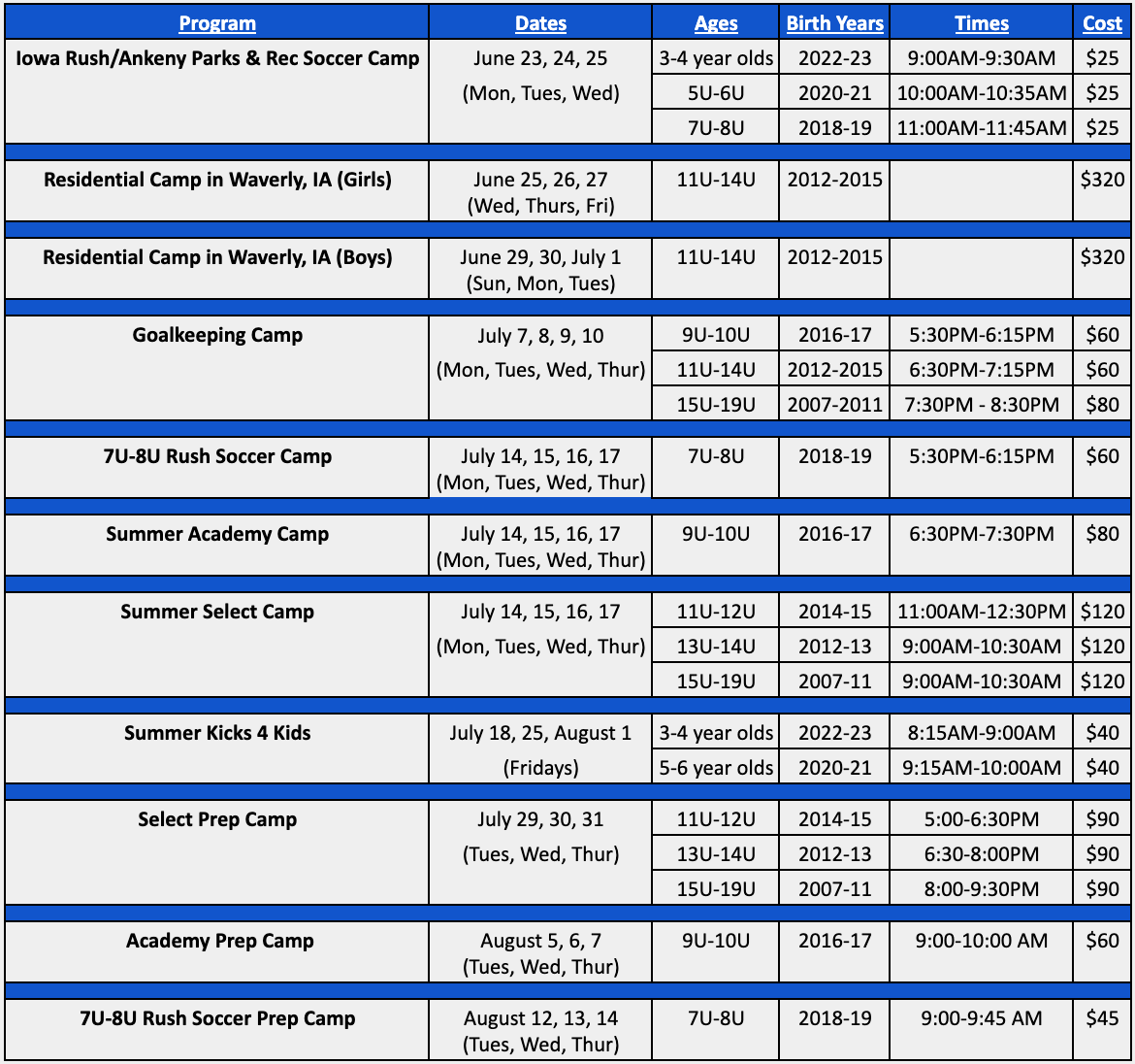 A list of dates and times for various camps