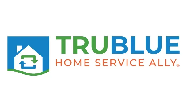 The TruBlue Home Service Ally logo features a white house icon with green arrows in a blue square next to brand text.