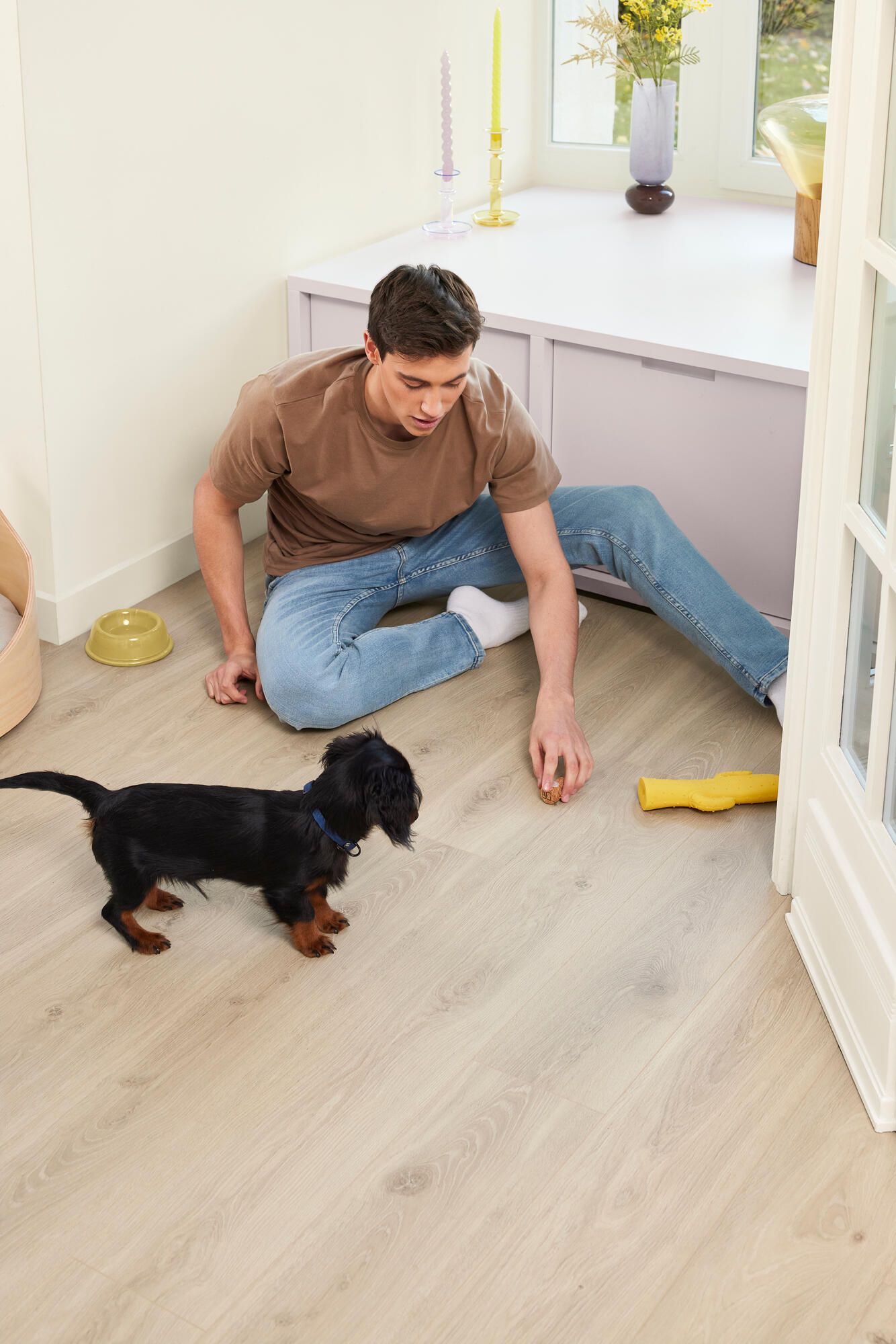 Berry Alloc's cream coloured laminate flooring with a pet dog.