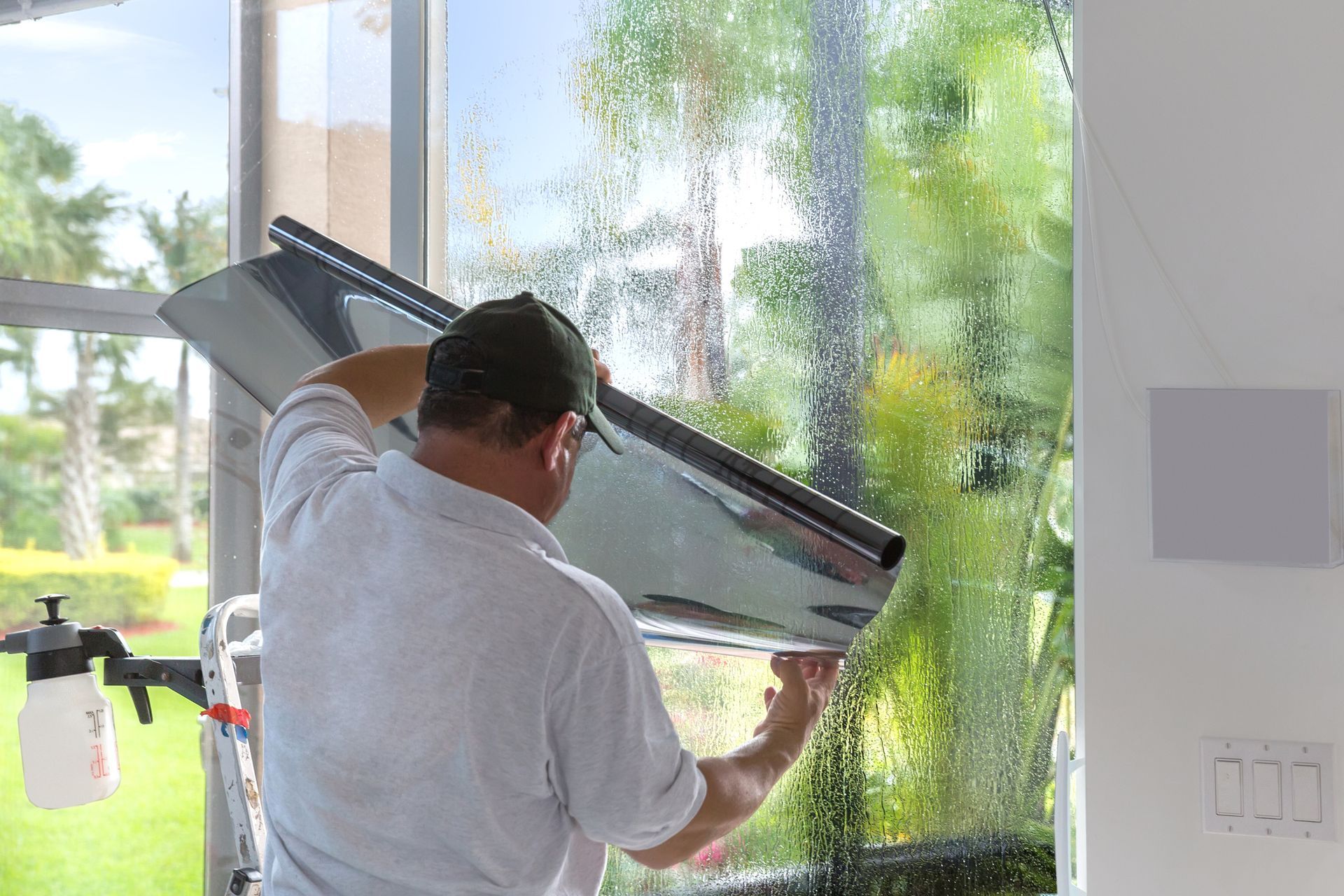 A male professional is installing home window tinting to prevent the sun from making the house hot.