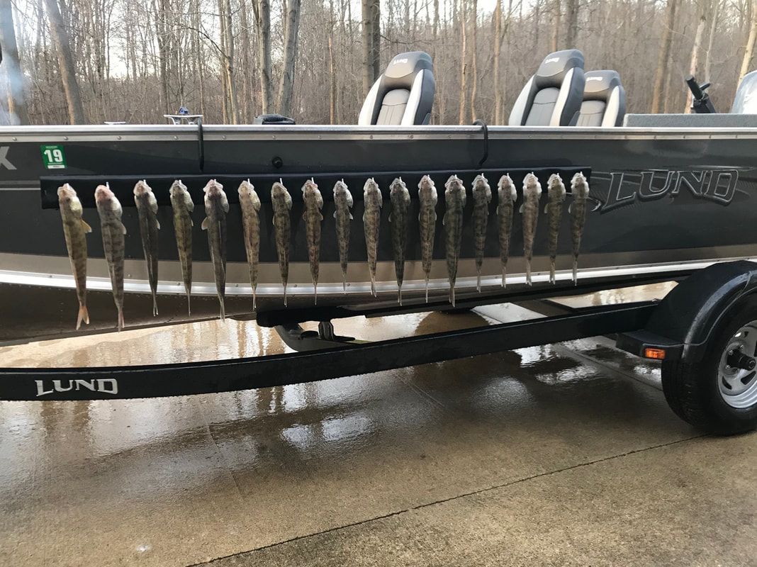 A boat with a lot of fish on it is on a trailer.