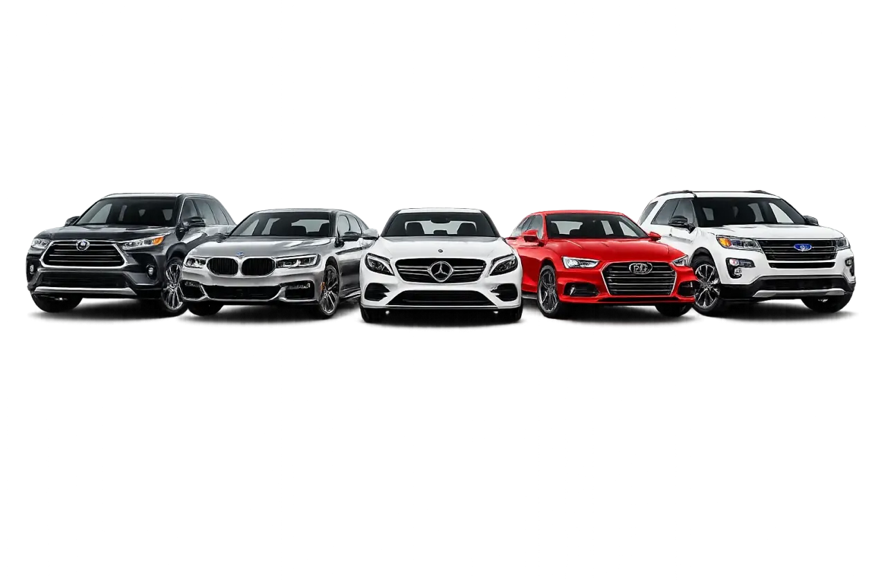 A lineup of five different cars, including SUVs and sedans, parked in a row against a plain white background.