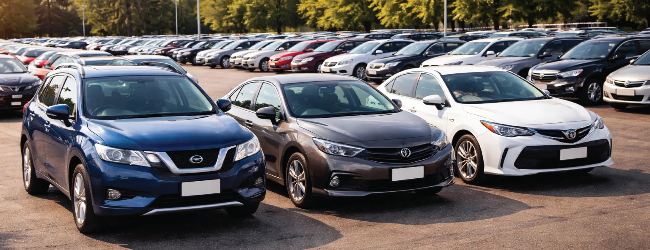 A row of three cars, blue, gray, and white, parked in the foreground of a large outdoor car dealership lot.