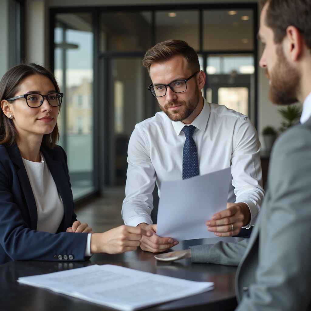 Tre professionisti in riunione, intenti a esaminare documenti. Una donna e un uomo seduti di fronte a un altro uomo.