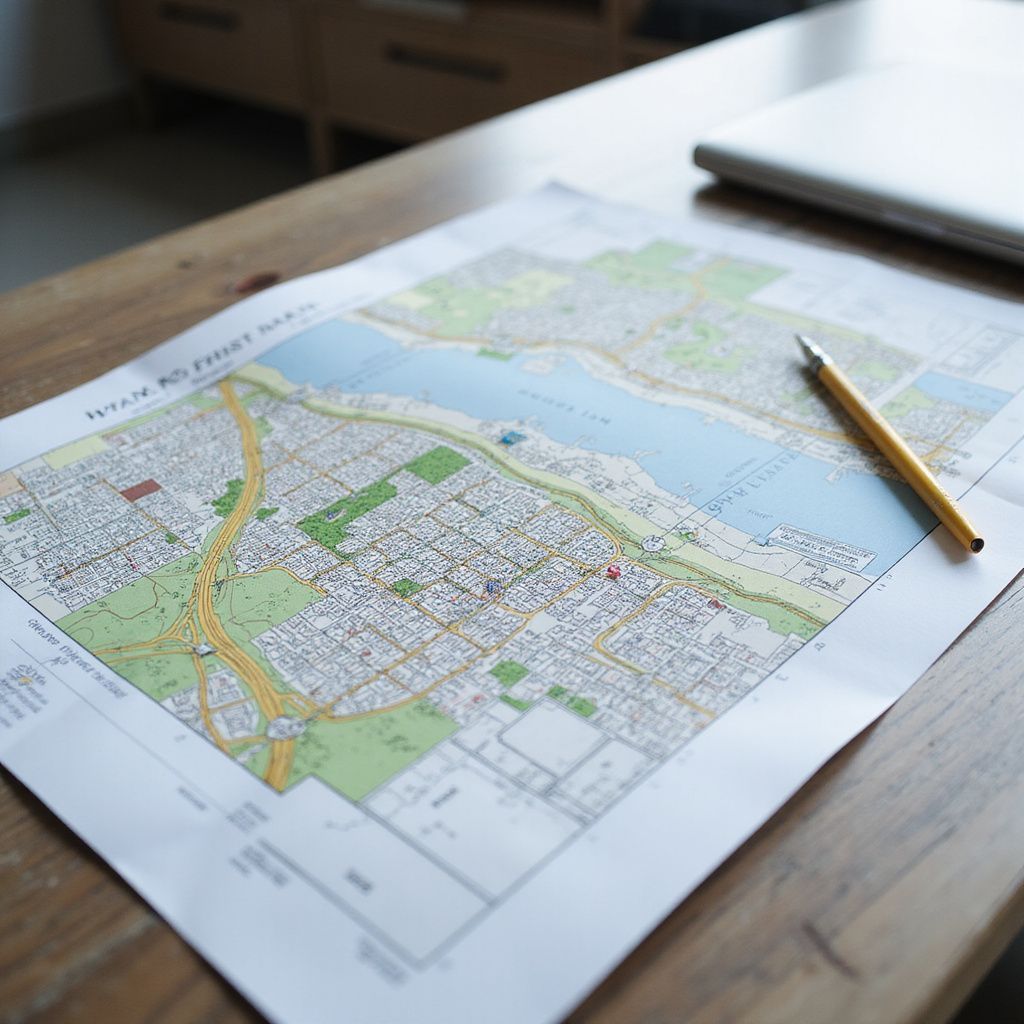 Una mappa su un tavolo di legno con una matita e un computer portatile, magari per pianificare un viaggio.