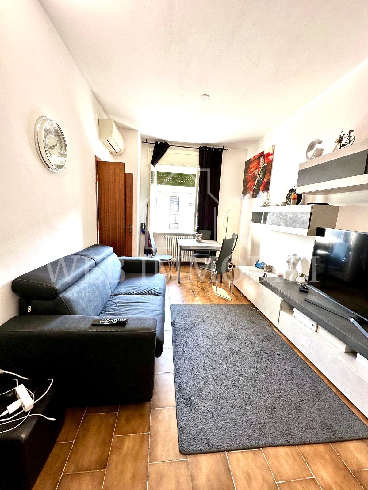 Piccolo soggiorno con divano nero, tappeto, TV, tavolo da pranzo e pareti bianche.