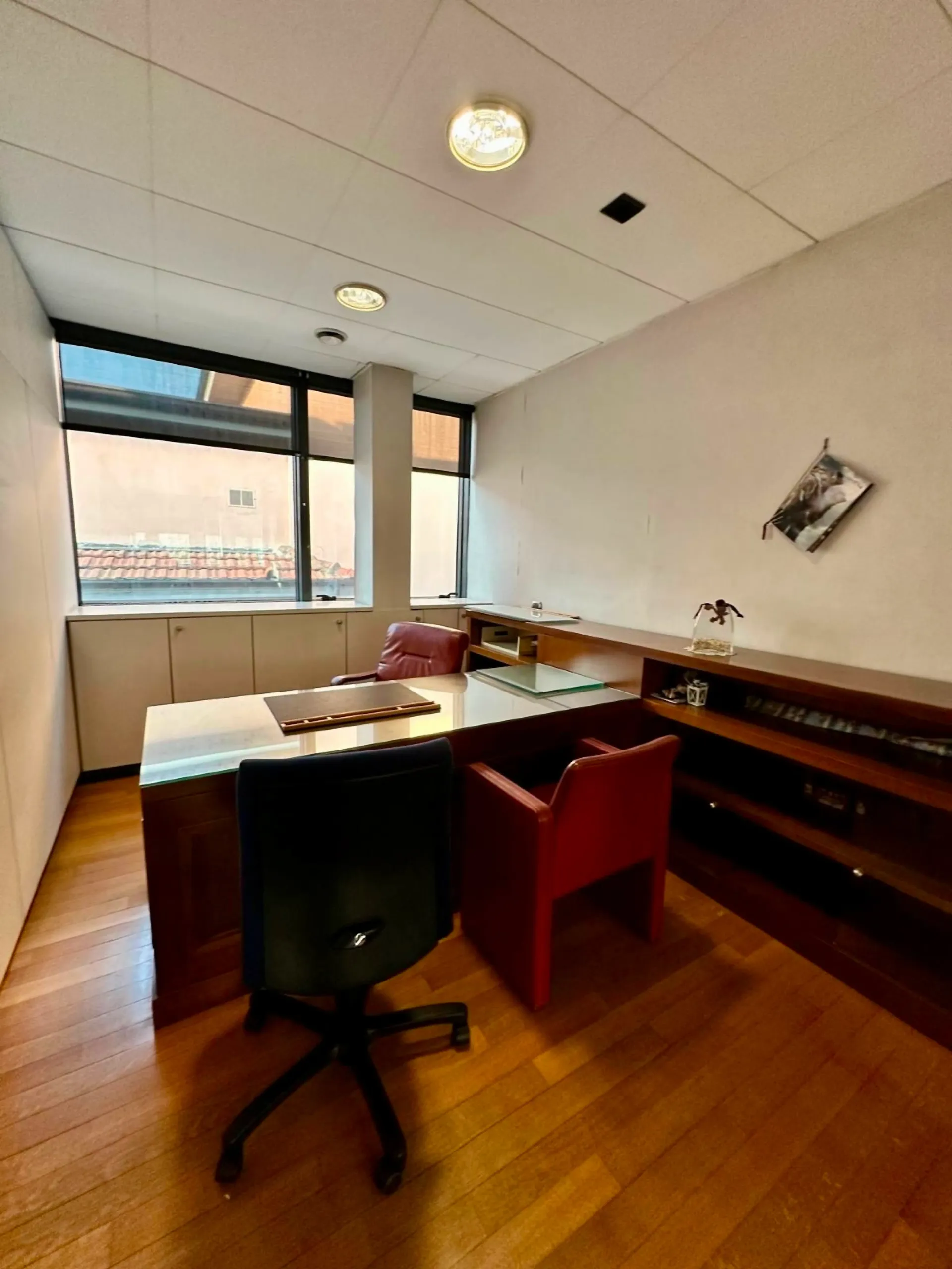 Ufficio con pavimenti in legno, scrivania, sedie nere e rosse e una finestra.