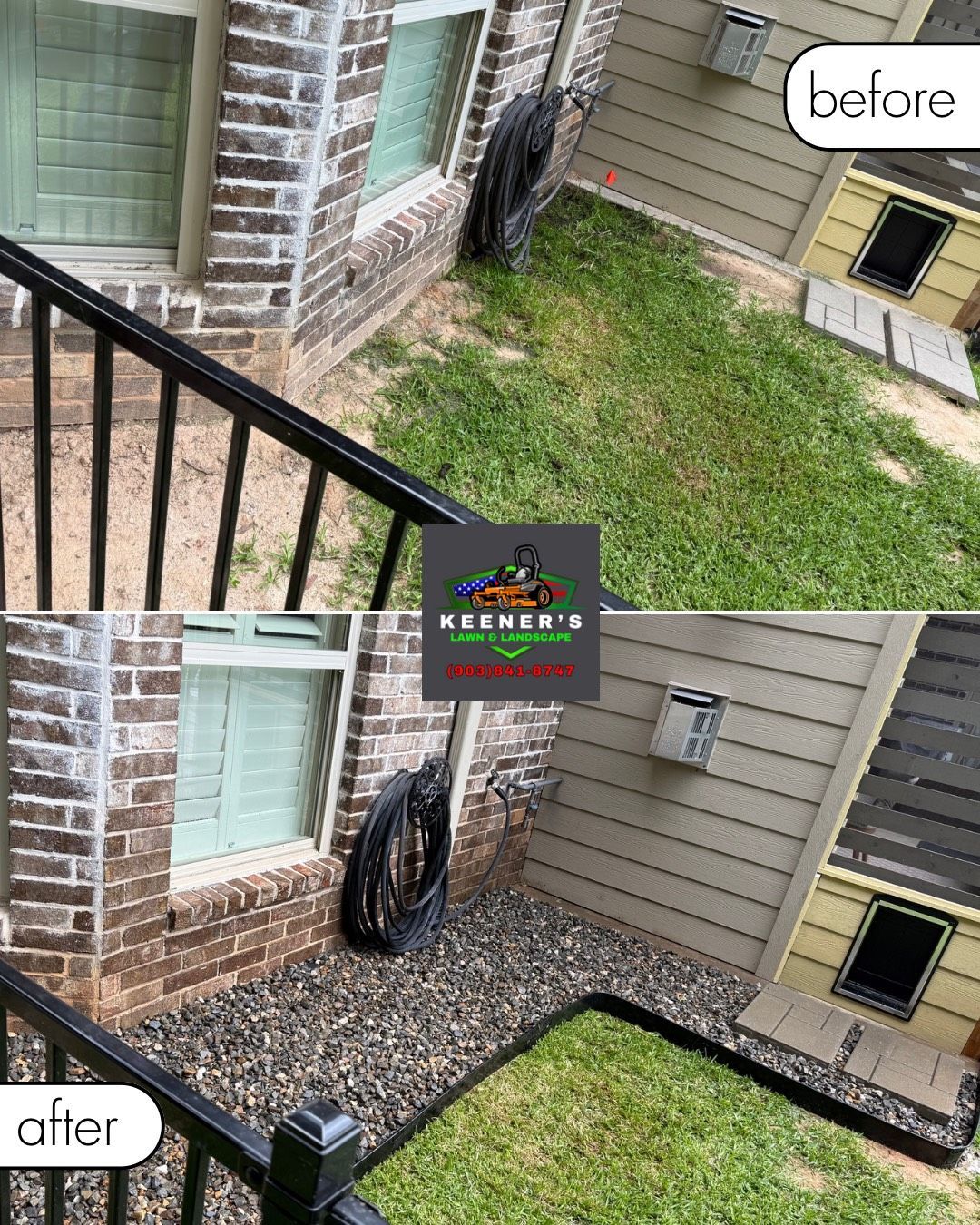 Before/after of gravel landscaping next to a building. Grassy area converted to rock bed.
