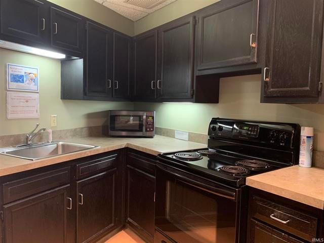 A kitchen with black cabinets , a stove , a sink , and a microwave.