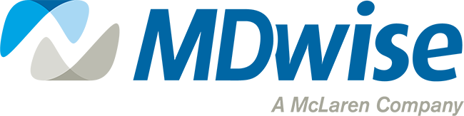 A blue and white logo for mdwise a mclaren company