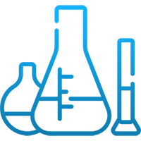 A line drawing of three beakers filled with liquid on a white background.