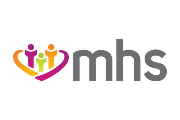 A logo for mhs with a heart and people in it