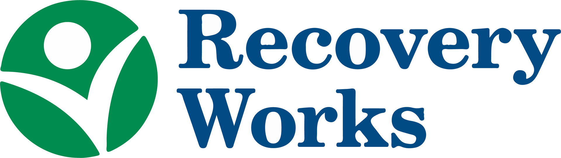 A logo for recovery works with a person in a green circle.