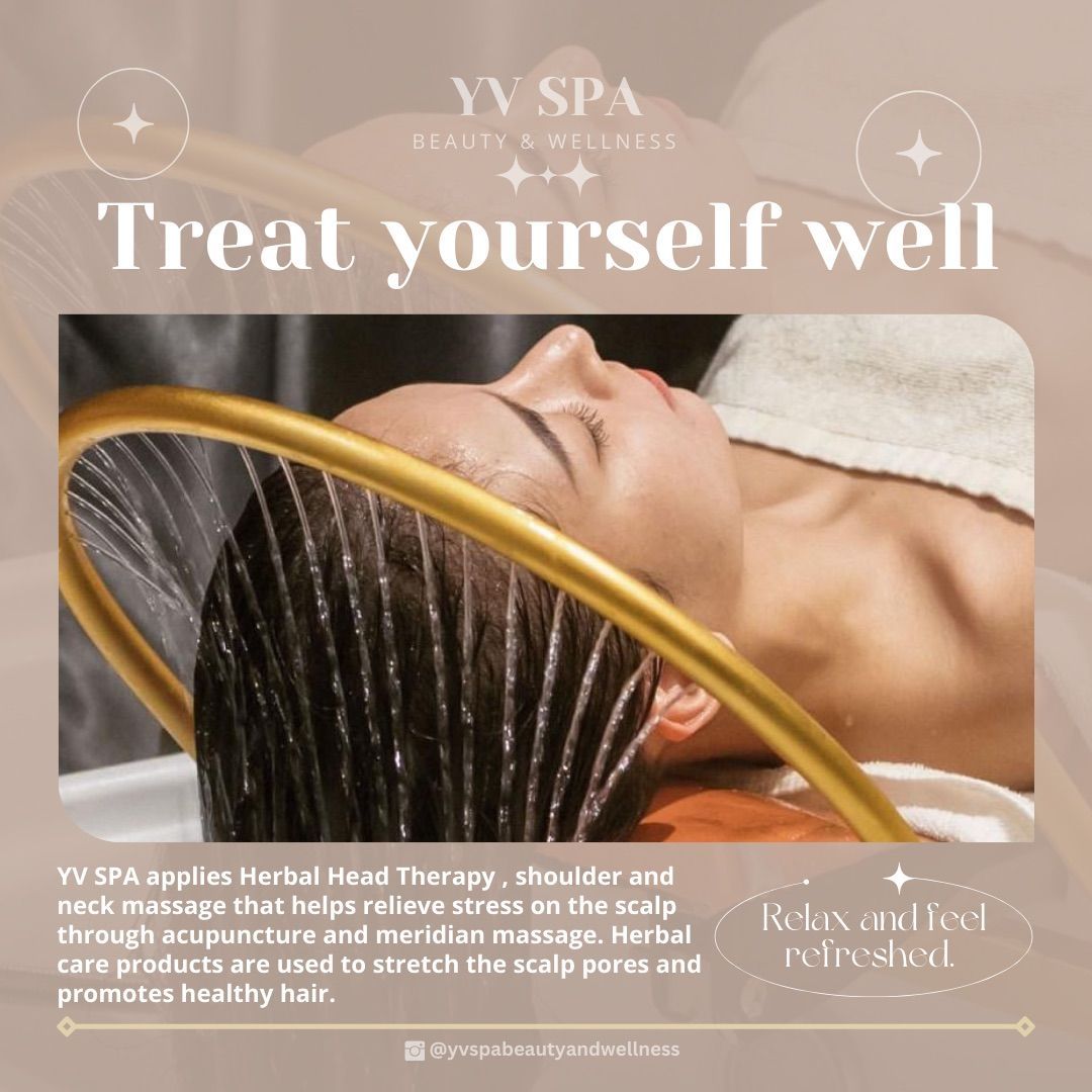 Woman receiving a head therapy spa treatment with water pouring on her hair.