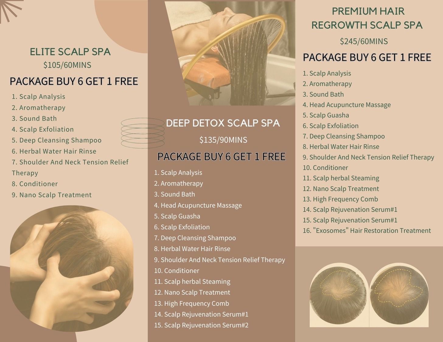 Brochure with three scalp spa packages: Elite, Deep Detox, and Premium Hair Regrowth, offering a 