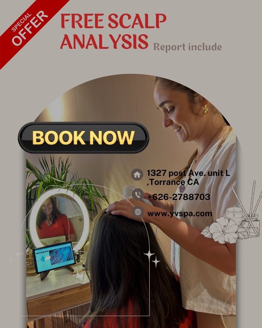 Spa advertisement: Woman examining another's scalp. Offers free scalp analysis, book now. Contact info included.