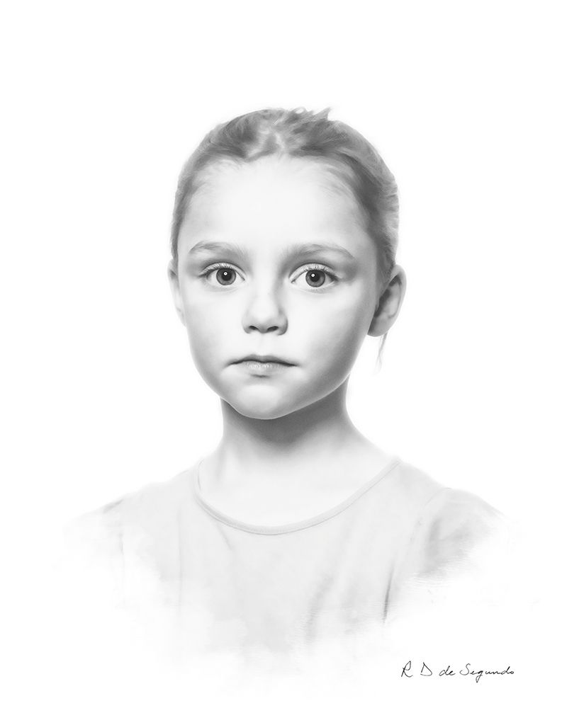 A signature photo portrait of a child that has been softened to give a charcoal like styling.