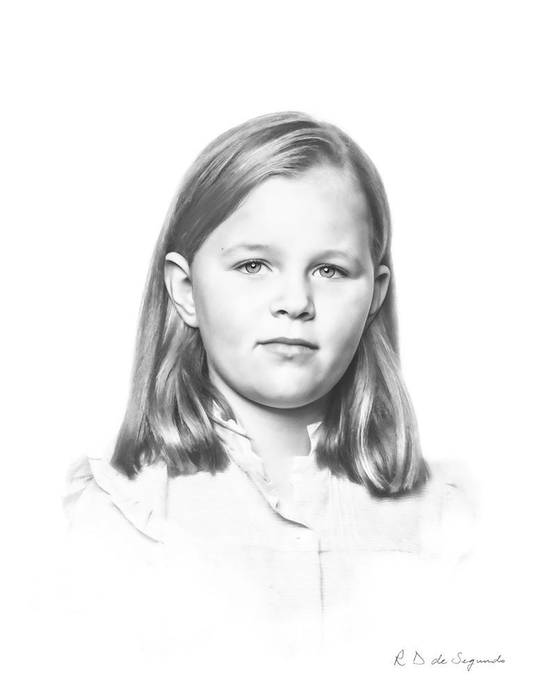 A signature photo portrait of a child that has been softened to give a charcoal like  styling.