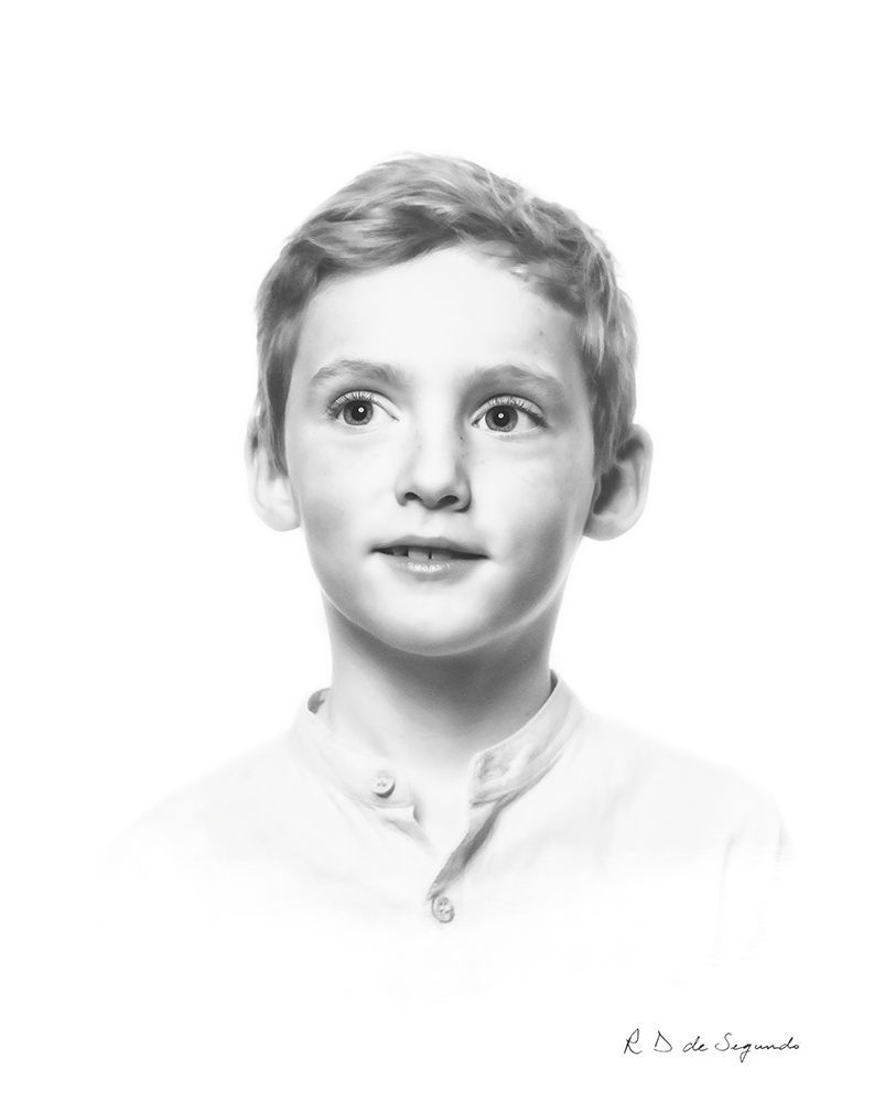 A signature photo portrait of a child that has been softened to give a charcoal like styling.