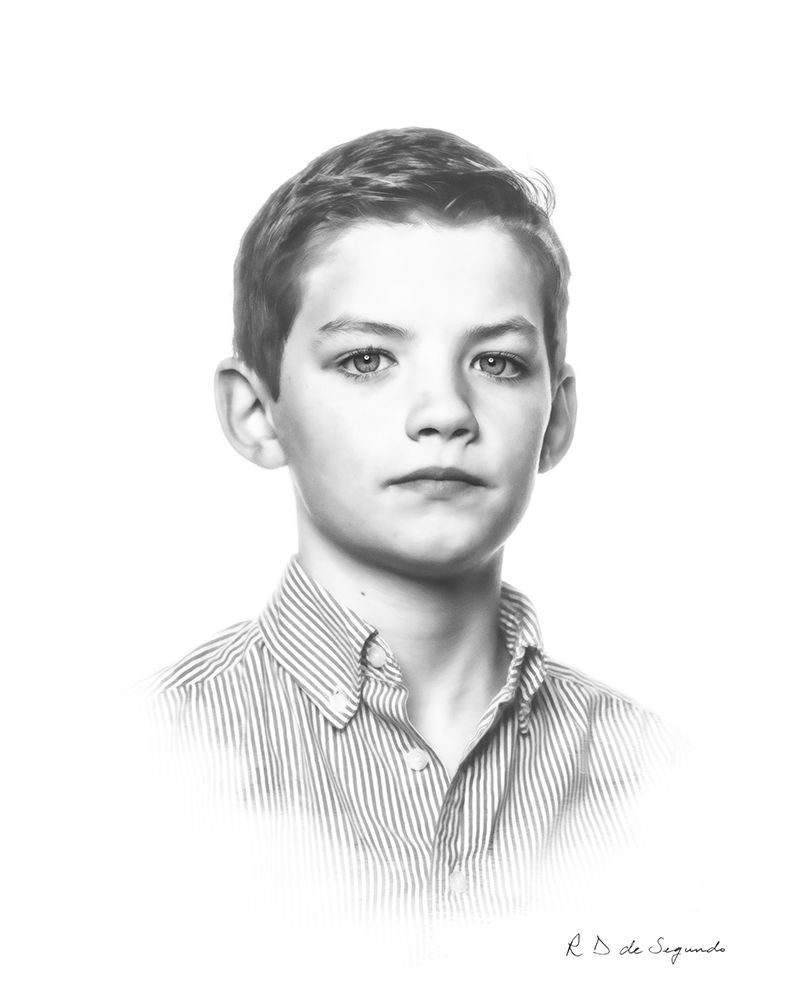 A signature photo portrait of a child that has been softened to give a charcoal like styling.