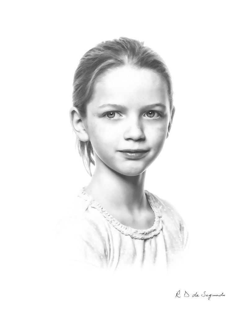 A signature photo portrait of a child that has been softened to give a charcoal like styling.