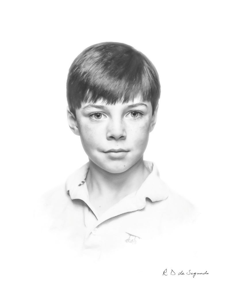 A signature photo portrait of a child that has been softened to give a charcoal like  styling.