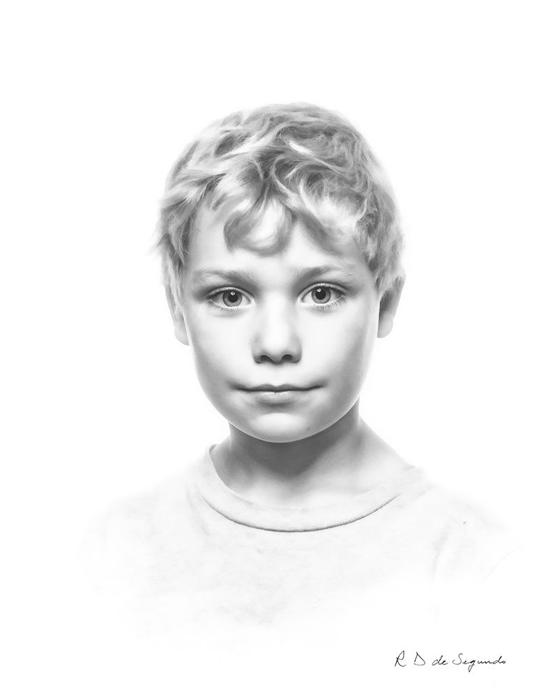 black and white portrait of a boy with blond hair