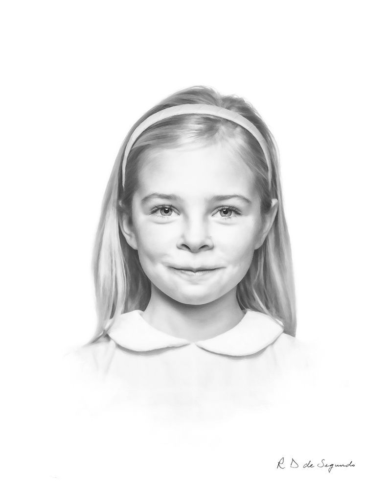 A signature photo portrait of a child that has been softened to give a charcoal like  styling.