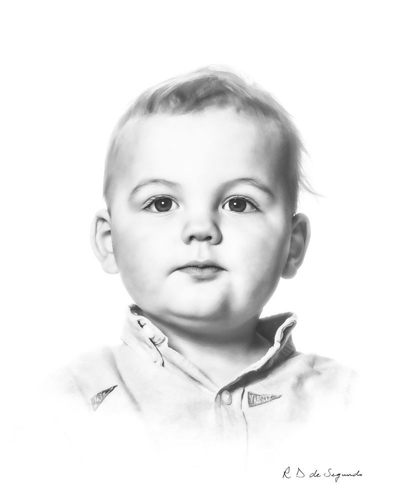 A signature photo portrait of a child that has been softened to give a charcoal like styling.