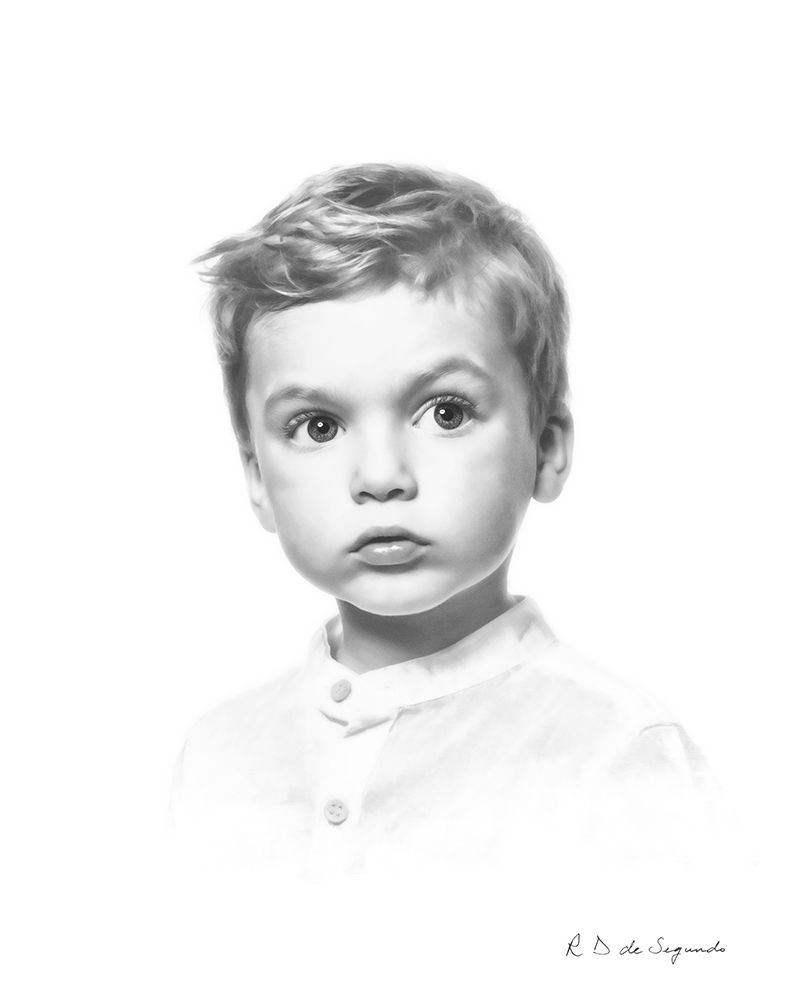 A signature photo portrait of a child that has been softened to give a charcoal like styling.