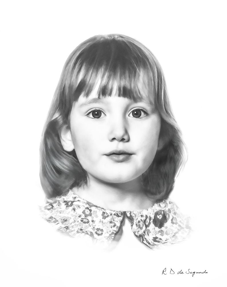 A signature photo portrait of a child that has been softened to give a charcoal like styling.