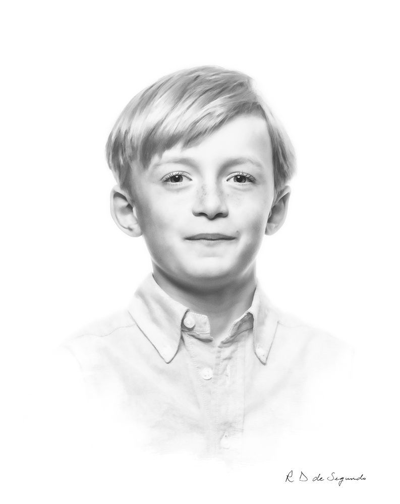 A signature photo portrait of a child that has been softened to give a charcoal like  styling.