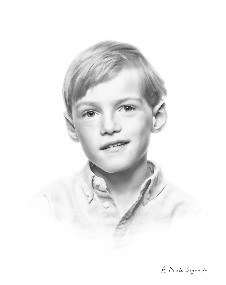 A signature photo portrait of a child that has been softened to give a charcoal like  styling.