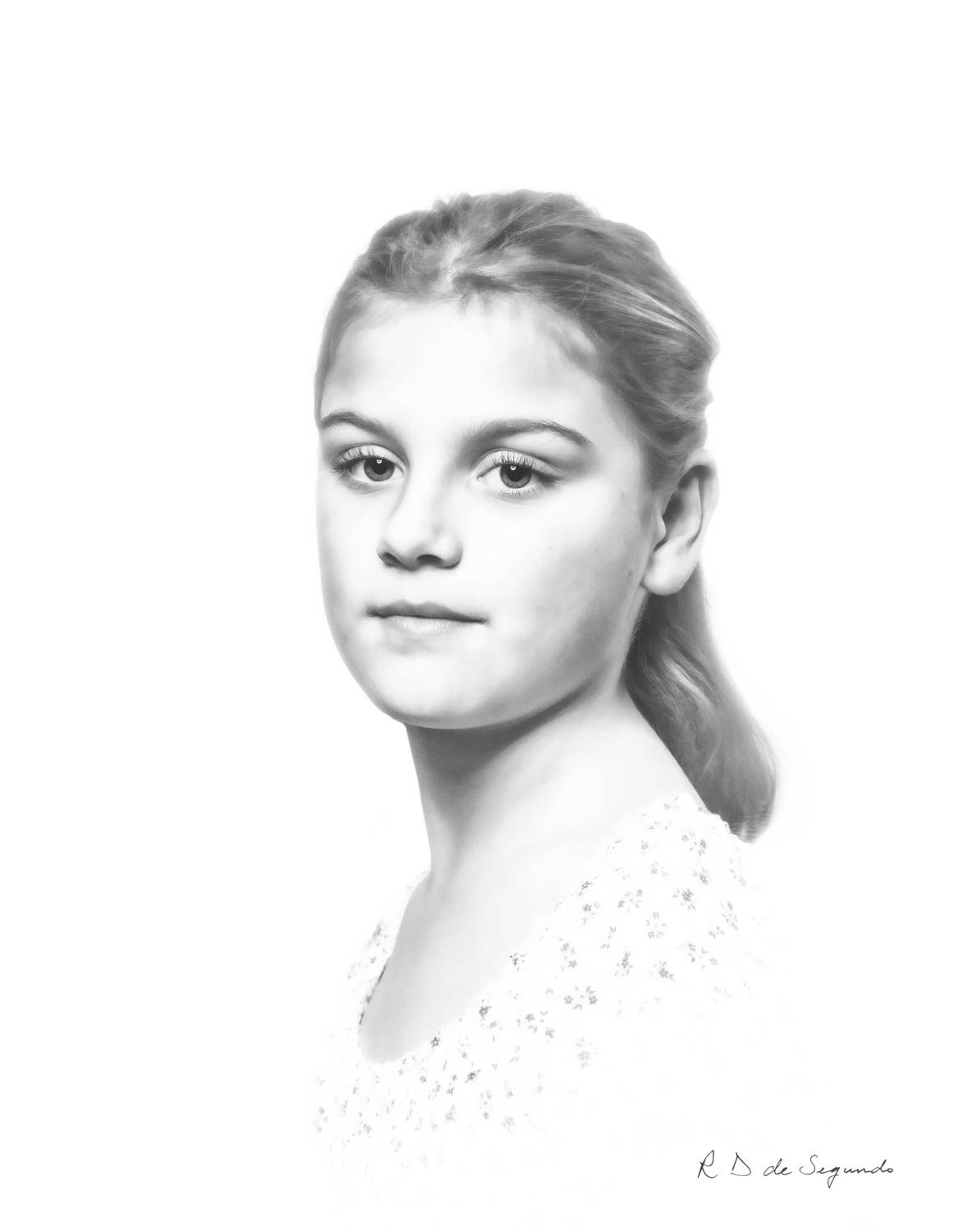 A signature photo portrait of a child that has been softened to give a charcoal like styling.