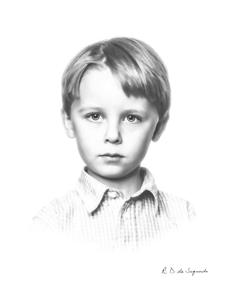 A signature photo portrait of a child that has been softened to give a charcoal like styling.