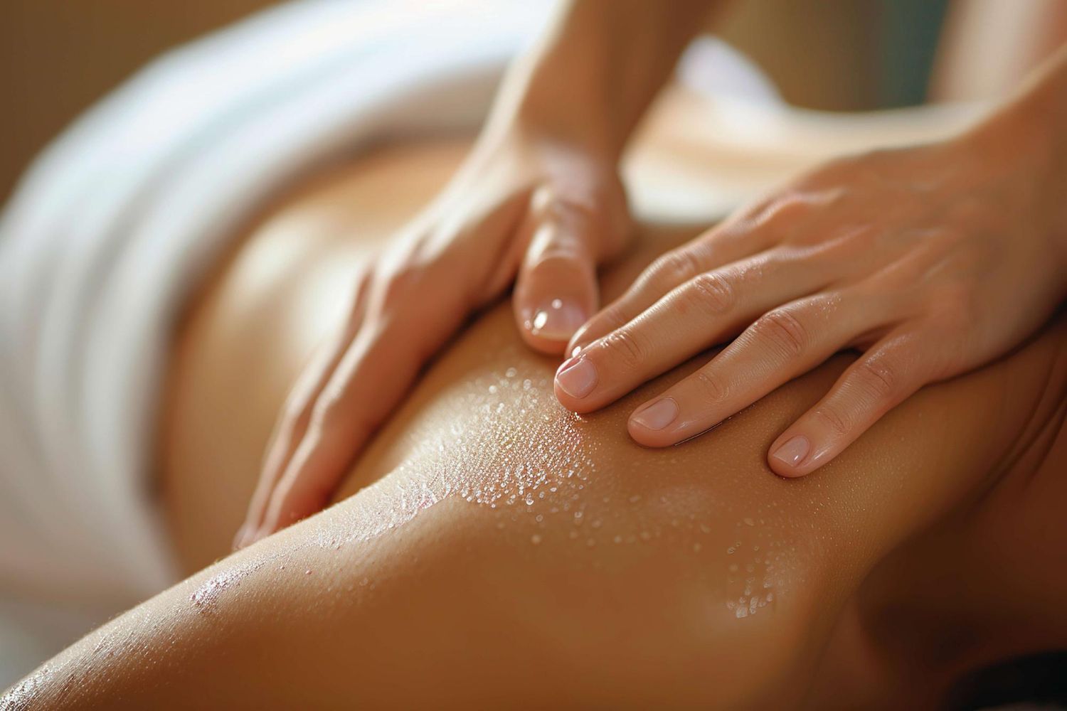 Hands giving a massage to someone's back and shoulder. Oil is on the skin.