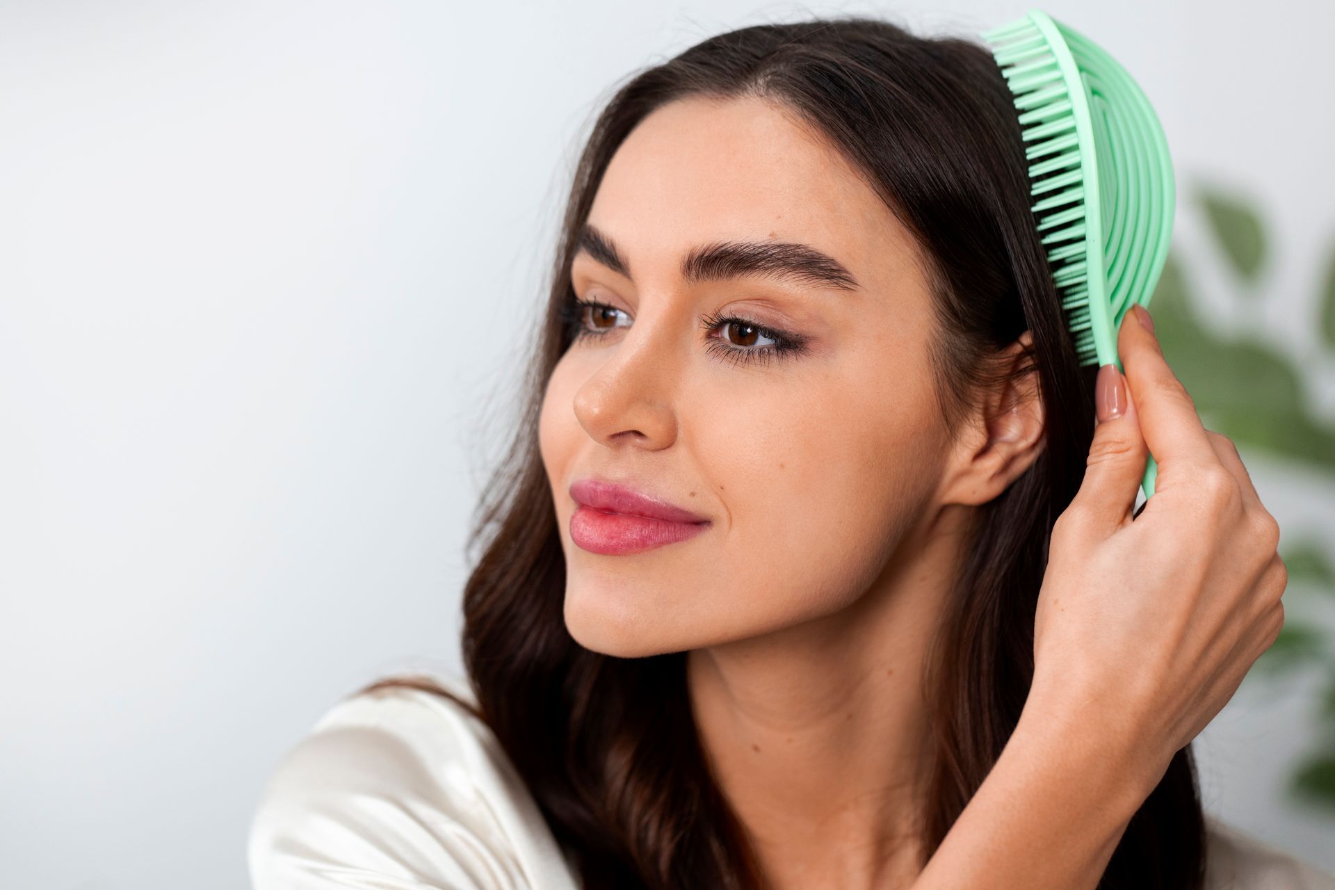 A woman is brushing her hair with a green comb.