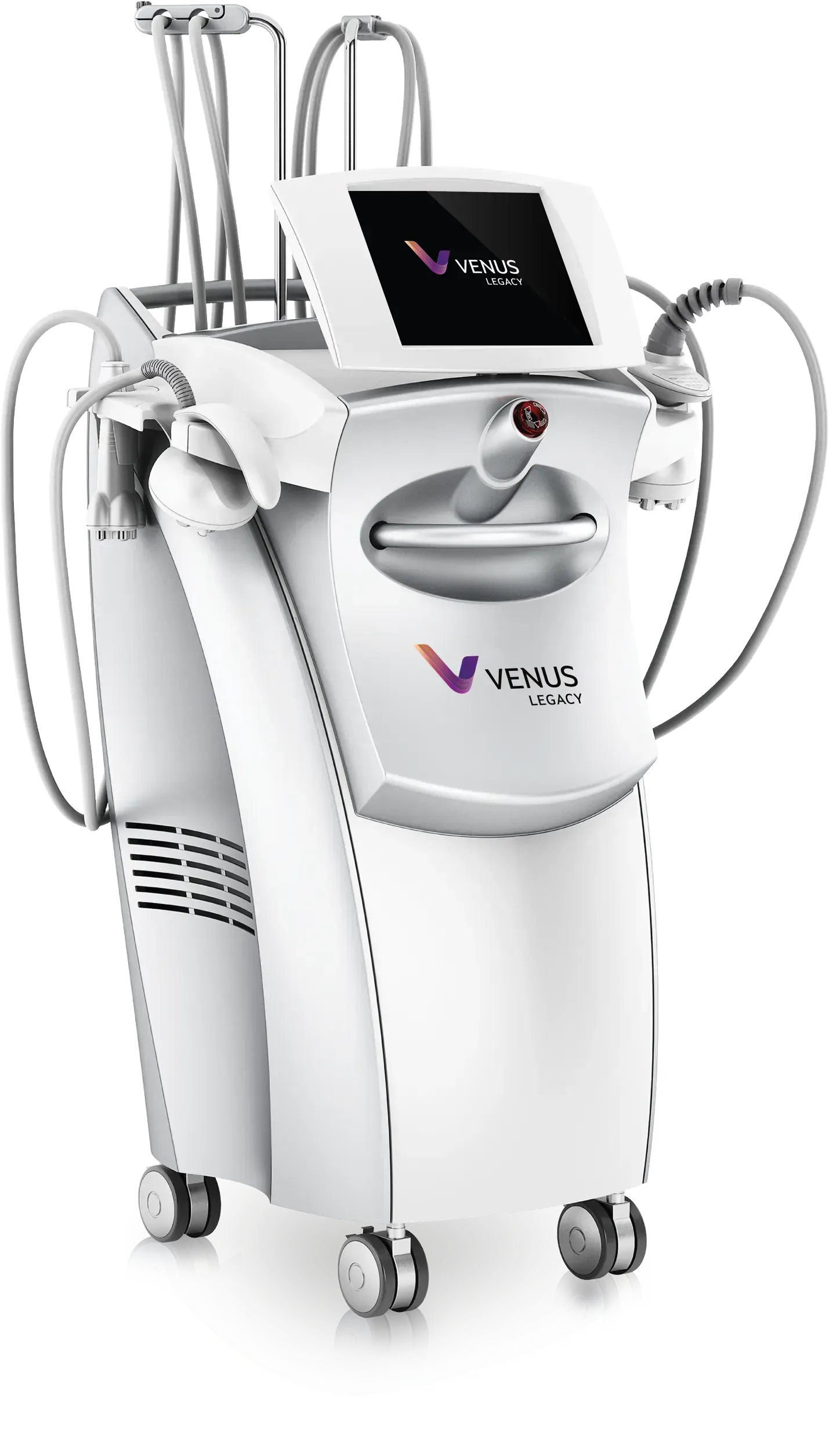 A white, wheeled medical device with a touch screen and various attached applicators.