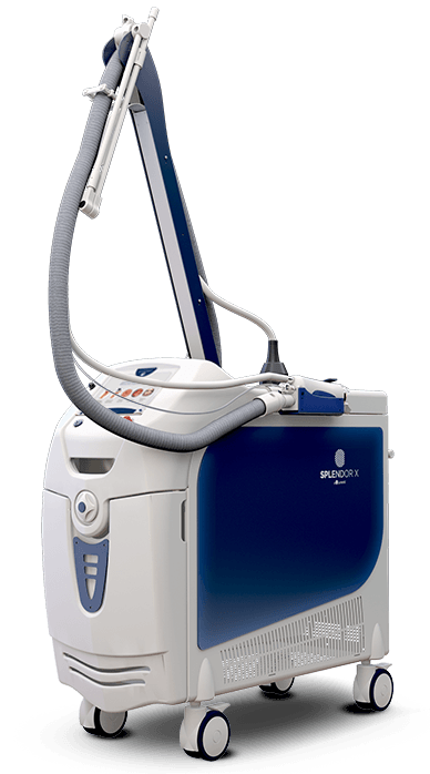 A white and blue medical laser machine on wheels, with a flexible arm and nozzle.