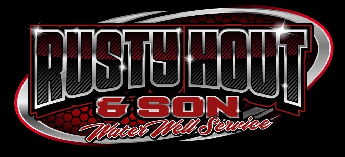 Logo for Rusty Hout & Son Water Well Service, in red and silver.