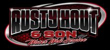 Logo for Rusty Hout & Son Water Well Service, in red and silver.