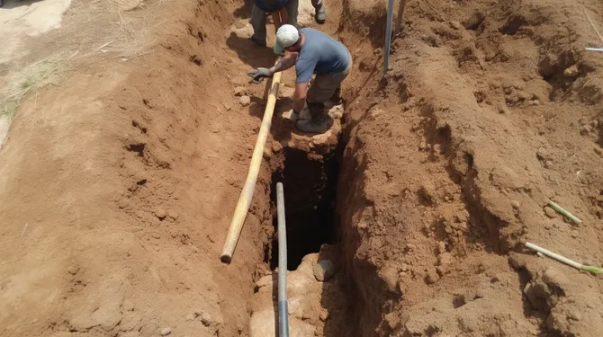 Construction worker in trench, using a pole, with soil and pipes visible. Outdoor setting.