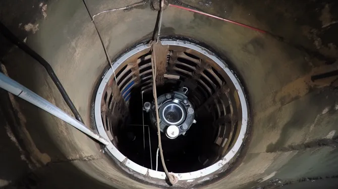 Looking down a dark cylindrical shaft at a camera on a cable.