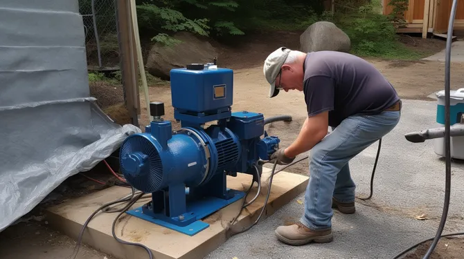 Man working on a blue pump outside. He's wearing a hat, jeans, and boots, connecting wires.