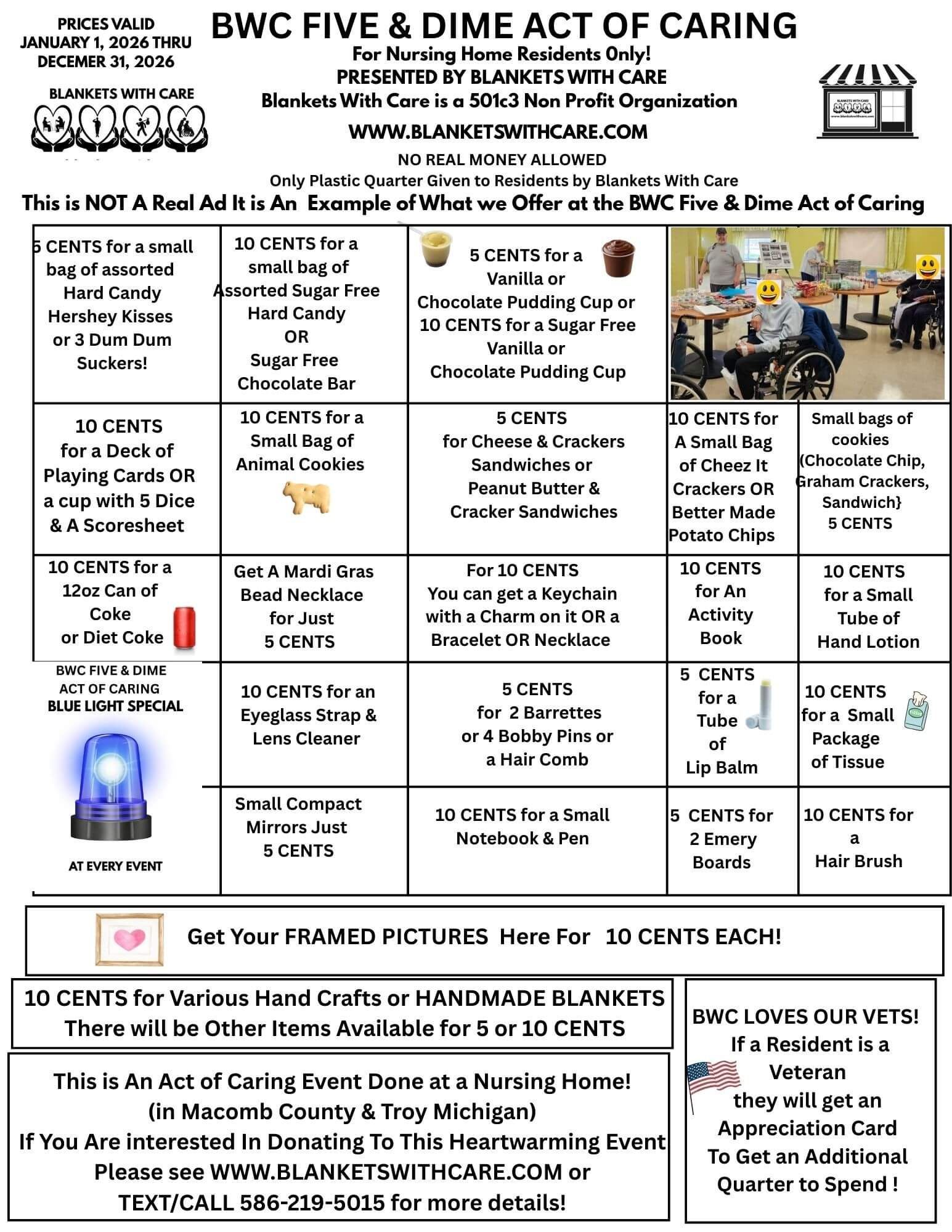 BWC Five & Dime Act of Caring flyer. Offers items like candy and crafts for a charity event.